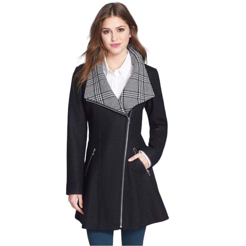 Guess Los Angeles Black Plaid Wool Blend Fitted Coat M‎